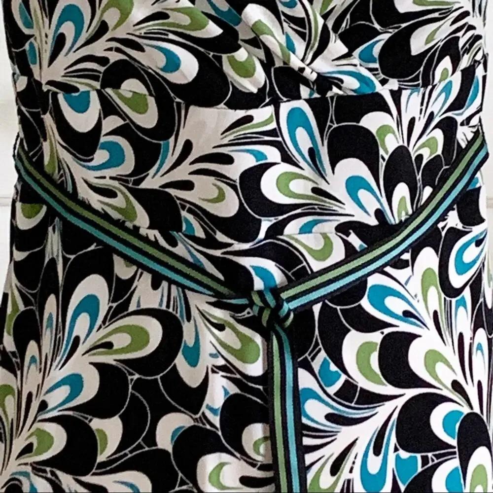 LOFT Dress Brown Blue Green Floral Sleeveless Ribbon Belted Dress Size 6